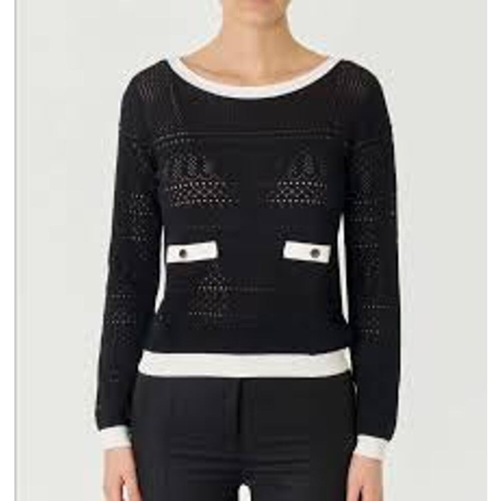 Jason Wu Size Small Lightweight Sweater Top Black Knit Nylon Blend Faux Pockets